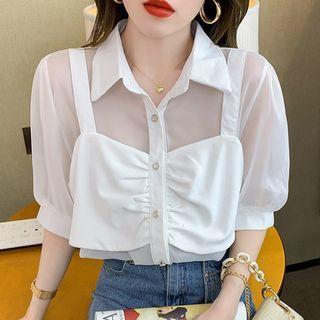Puff-sleeve Mock Two-piece Mesh Panel Plain Shirt