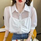 Puff-sleeve Mock Two-piece Mesh Panel Plain Shirt