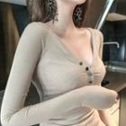 Button-up Neck Long-sleeve T-shirt