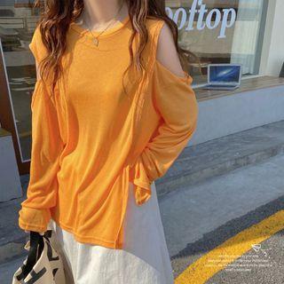 Cold-shoulder Plain Slit T-shirt