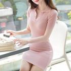 Open-placket Slim Rib-knit Polo Minidress