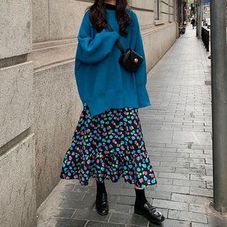 Long-sleeve Plain Sweater / High-waist Polka Dot Skirt