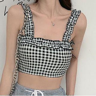 Camisole Ruffled Trim Plaid Crop Top Black - One Size