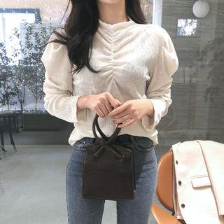 Mock-neck Shirred-trim Velvet Top