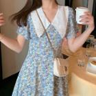 Short-sleeve Eyelet Lace Collar Floral Print A-line Dress
