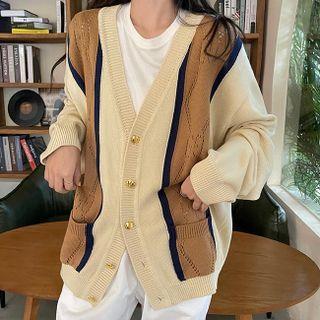 Color Block Long-sleeve Cardigan As Shown In Figure - One Size