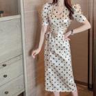 Short-sleeve Dotted Tie-waist Midi Sheath Dress