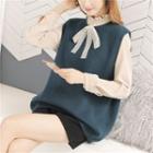 Set: Lace Bow Blouse + Open Back Knit Vest
