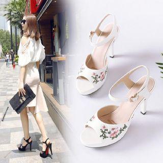 Flower Embroidered High-heel Platform Sandals