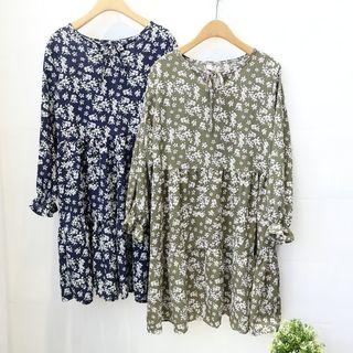 Floral Print Frill Trim Long-sleeve Dress