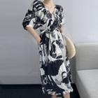 Elbow-sleeve Graphic Print Chiffon Midi A-line Dress