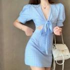 Short-sleeve Front Knot Plaid Mini A-line Dress
