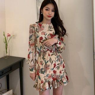 Long-sleeve Floral Print Ruffle Hem Mini Bodycon Dress