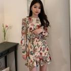 Long-sleeve Floral Print Ruffle Hem Mini Bodycon Dress