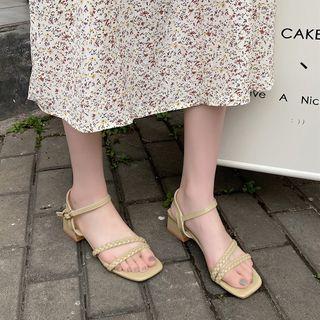 Plain Woven Strap Block Heel Sandals