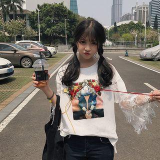 Long-sleeve Lace Panel Embroidery Printed Top