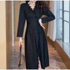 Long-sleeve V-neck Striped Midi Dress