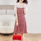 Short-sleeve Lace Panel Print A-line Dress