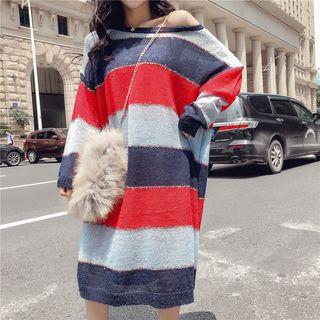 Long-sleeve Colored Panel Midi Knit Dress