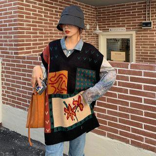 V-neck Contrast Patterned Loose-fit Knitted Vest