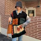 V-neck Contrast Patterned Loose-fit Knitted Vest