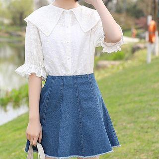 Elbow-sleeve Embroidered Blouse White - M