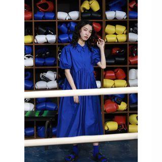 Collared Puff-sleeve Midi Shift Dress