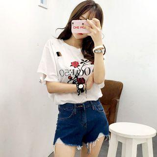 Rose Print Distressed T-shirt
