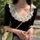 Short-sleeve Lace Hem Knit Top