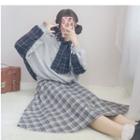 Tie Accent Sweatshirt/ Plaid Midi A-line Skirt