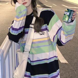 Long-sleeve Wide Color Block Striped Top Avocado - One Size