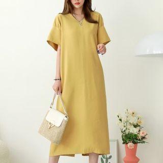 V-neck Shirred-shoulder Long Dress