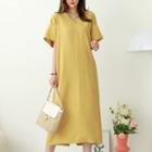 V-neck Shirred-shoulder Long Dress