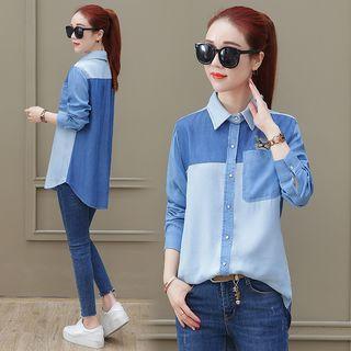 Floral Embroidered Stand-collar Long-sleeved Color-block Blouse