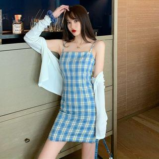 Spaghetti Strap Plaid Mini Dress / Plain Cardigan