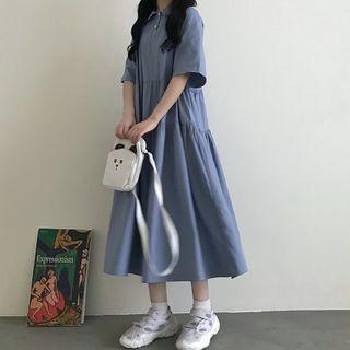 Elbow-sleeve A-line Midi Polo Dress Blue - One Size