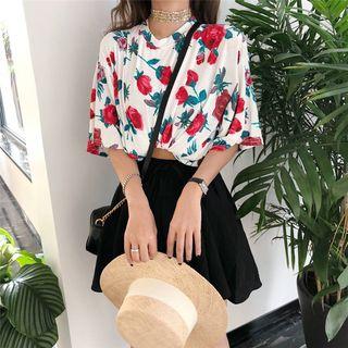 Flower Print Short-sleeve T-shirt / Drawstring A-line Skirt