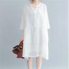 3/4-sleeve Striped Midi A-line Dress White - One Size