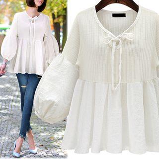 Tie Front Long Puff Sleeve Top