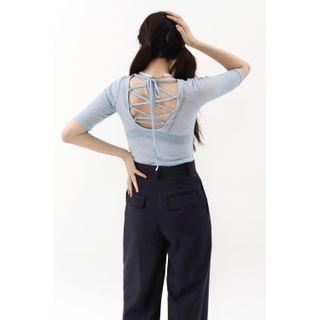 Strappy-back Sheer T-shirt Sky Blue - One Size