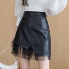 Mesh Panel Faux Leather A-line Skirt