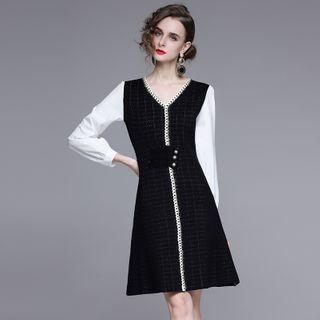 Long-sleeve Two Tone V-neck Mini Dress