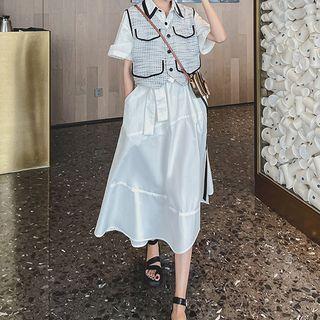 Set: Tweed Vest + Elbow-sleeve Midi Shirt Dress