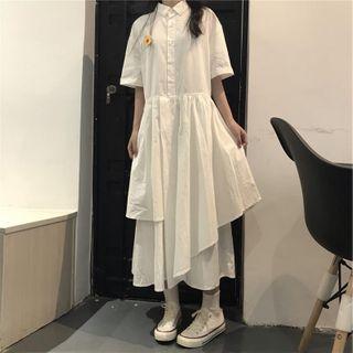 Flower Print Elbow-sleeve Midi A-line Shirtdress