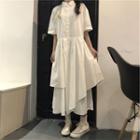 Flower Print Elbow-sleeve Midi A-line Shirtdress