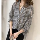 Striped 3/4-sleeve Blouse Stripes - Blue - One Size