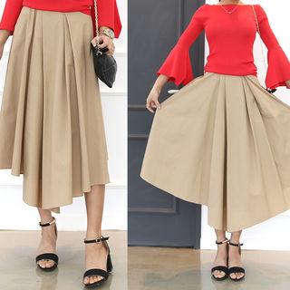 Asymmetric-hem Flared Long Skirt
