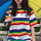 Couple Matching Short-sleeve Rainbow Striped T-shirt