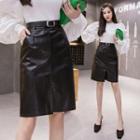 Faux Leather Pencil Skirt With Belt