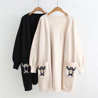 Bear Embroidery Long Knit Cardigan
